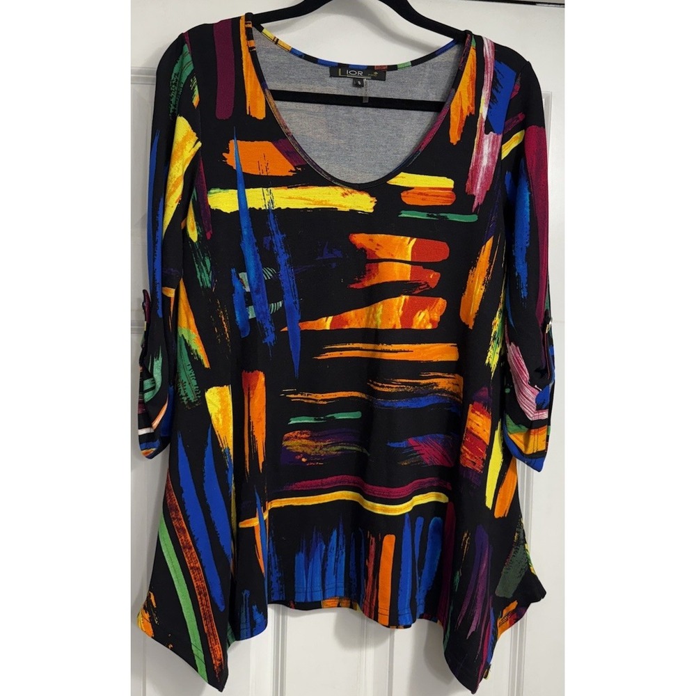 Lior Paris Tunic Top Roll Tab Y2k 90s Colorful Artsy Euro Size Small Stretch‎